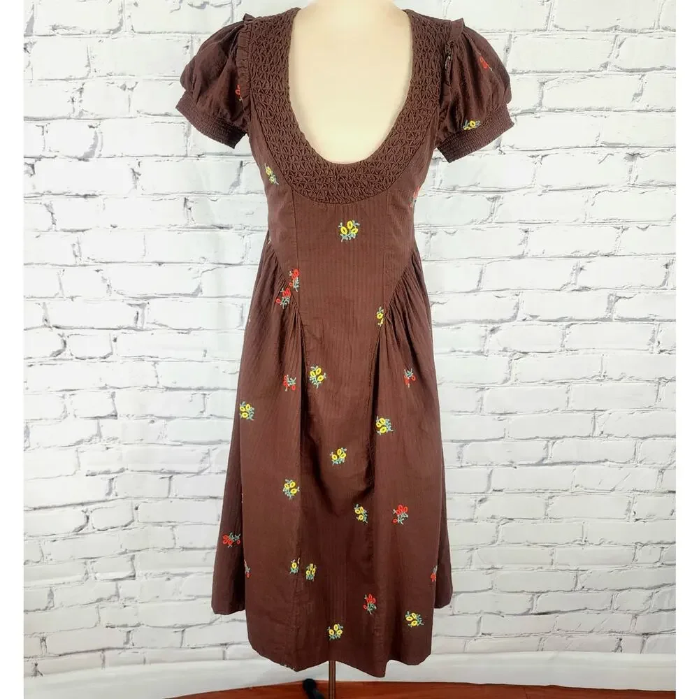 Free People Dress Maisie Midi Brown Floral Boho Embroidered size XS Cottage Core - Picture 2 of 13